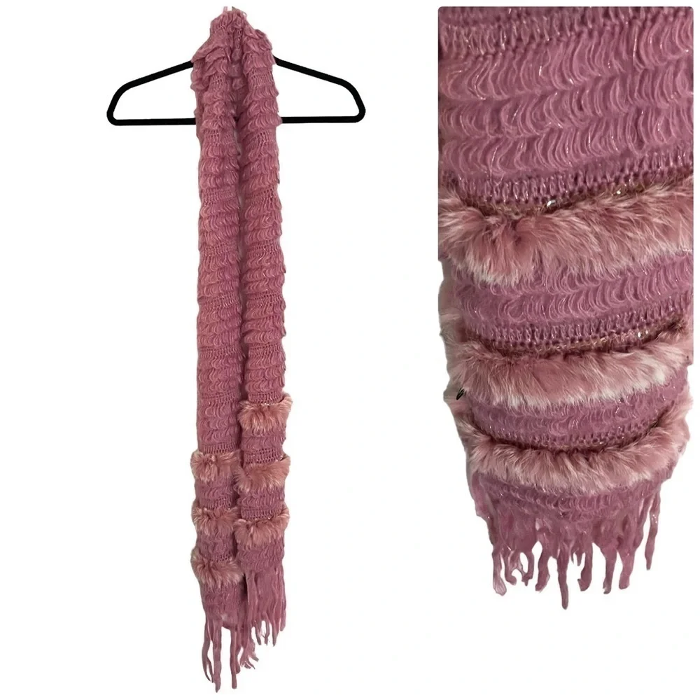 Betsey Johnson Pink Feather Sequin Fringe Knit Scarf NWT
